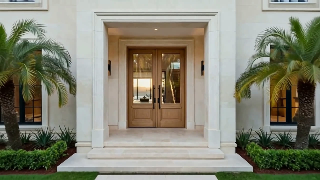 Rundgang durch eine Villa: von der Eingangstür durch den Eingangsflur mit Eichentreppe durch den offenen Wohnbereich bis hinaus auf die Terrasse mit Pool